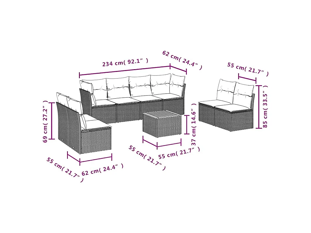 9-delige Loungeset met kussens poly rattan grijs