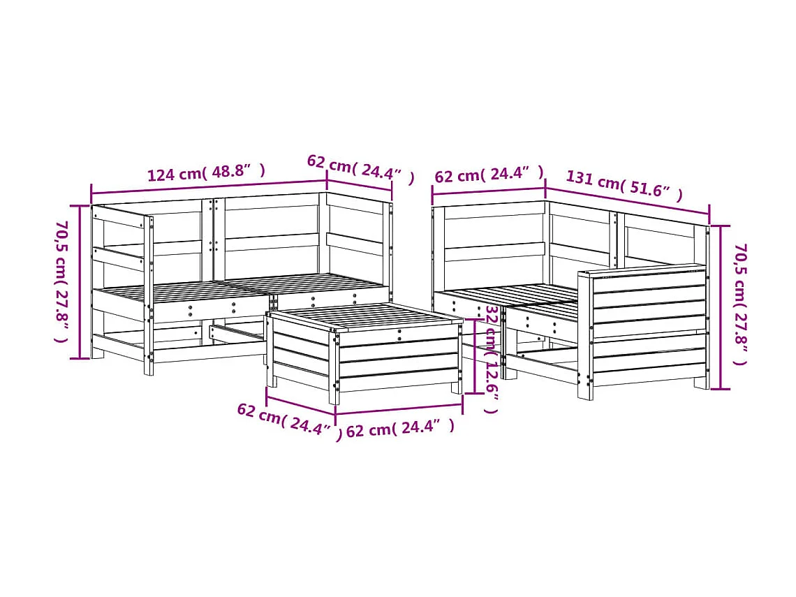5 pcs conjunto de sofás para jardim madeira de pinho maciça