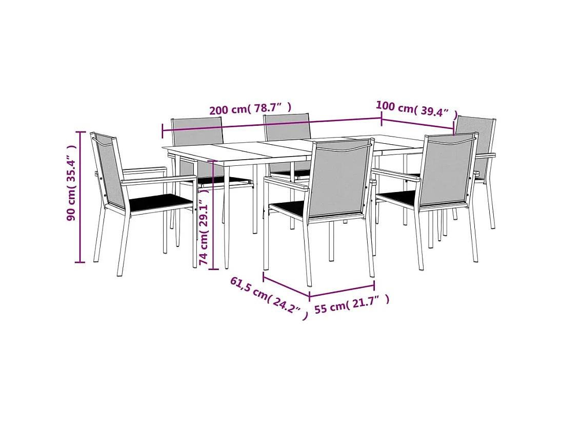 7-tlg. Garten-Essgruppe Schwarz Textilene und Stahl