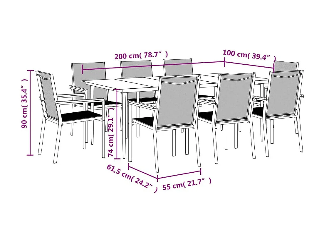 Ensemble à manger de jardin 9 pcs noir textilène et acier