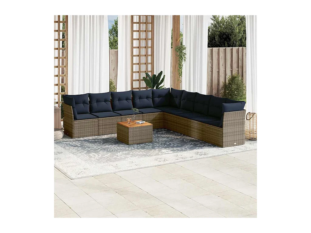 Salon de jardin 10 pcs avec coussins gris résine tressée