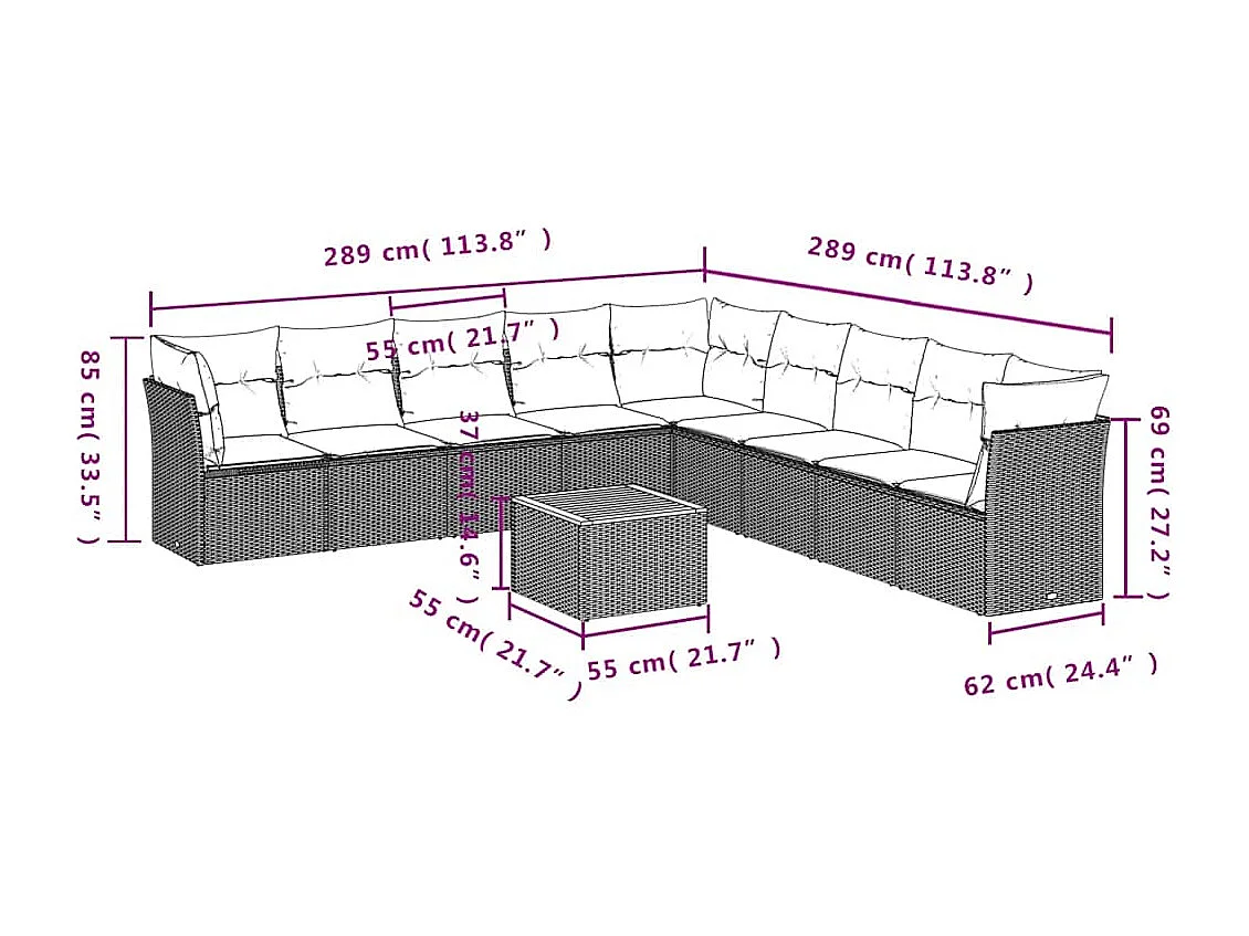 Salon de jardin 10 pcs avec coussins gris résine tressée