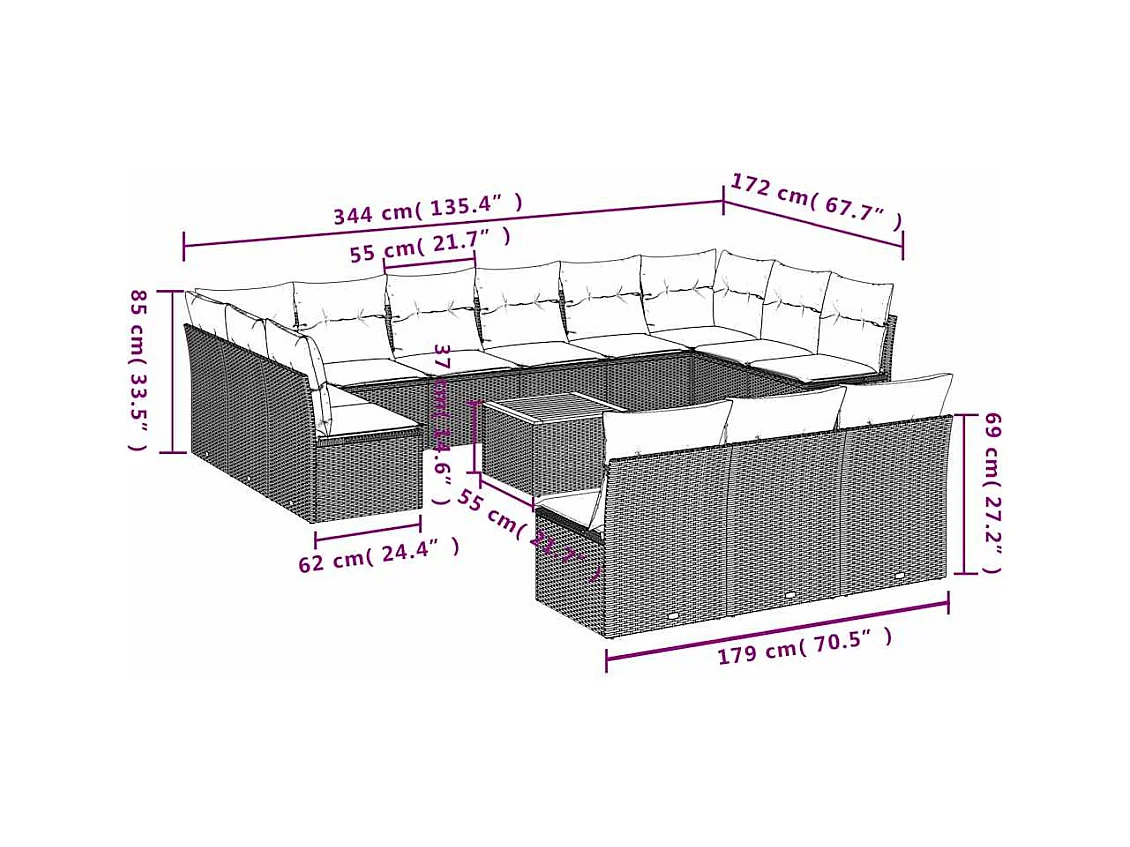14-tlg. Garten-Sofagarnitur mit Kissen Grau Poly Rattan