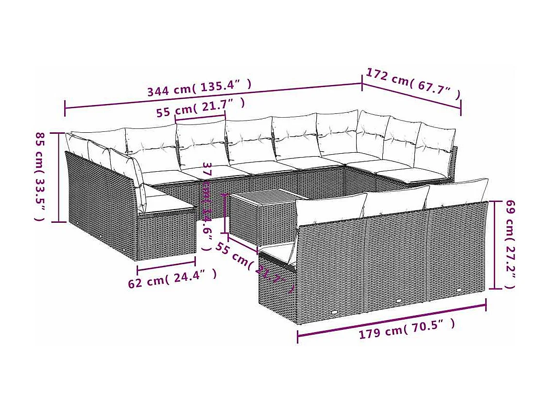 Salon de jardin avec coussins 14 pcs gris résine tressée