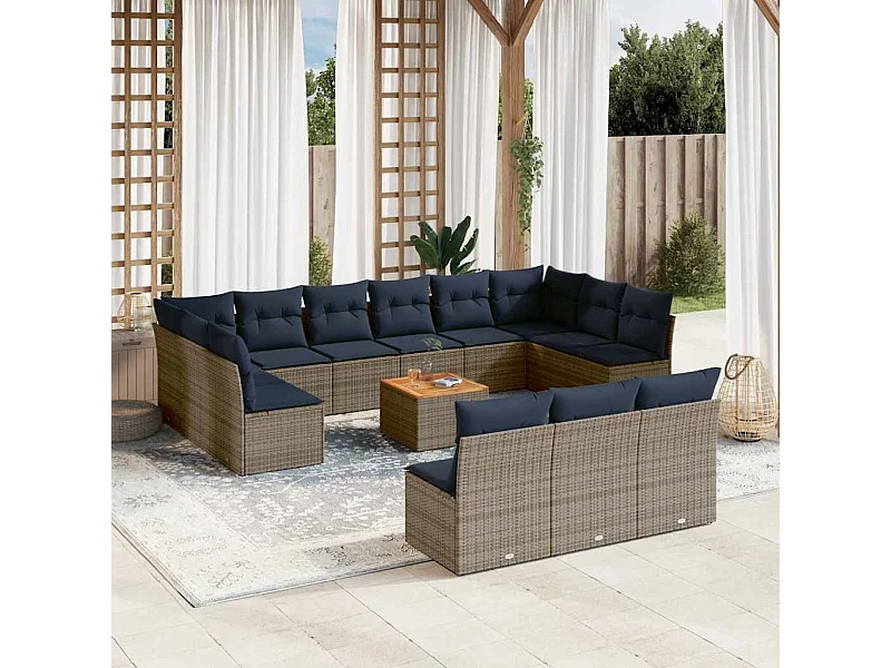 Salon de jardin avec coussins 14 pcs gris résine tressée