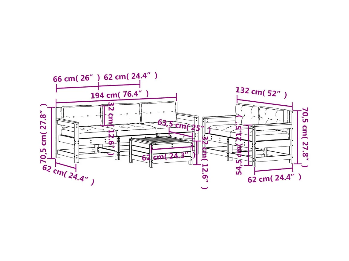 Salon de jardin 6 pcs avec coussins bois massif Douglas