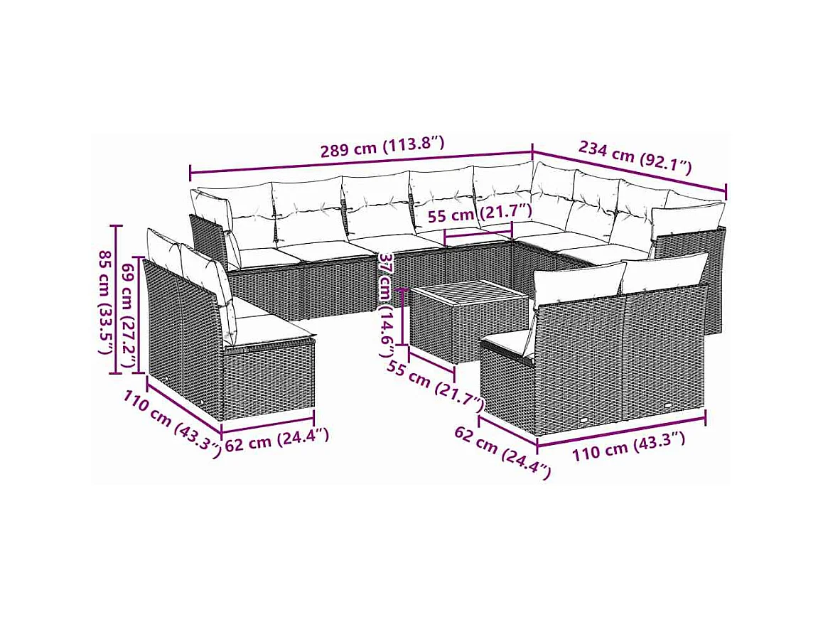 13-delige Loungeset met kussens poly rattan grijs
