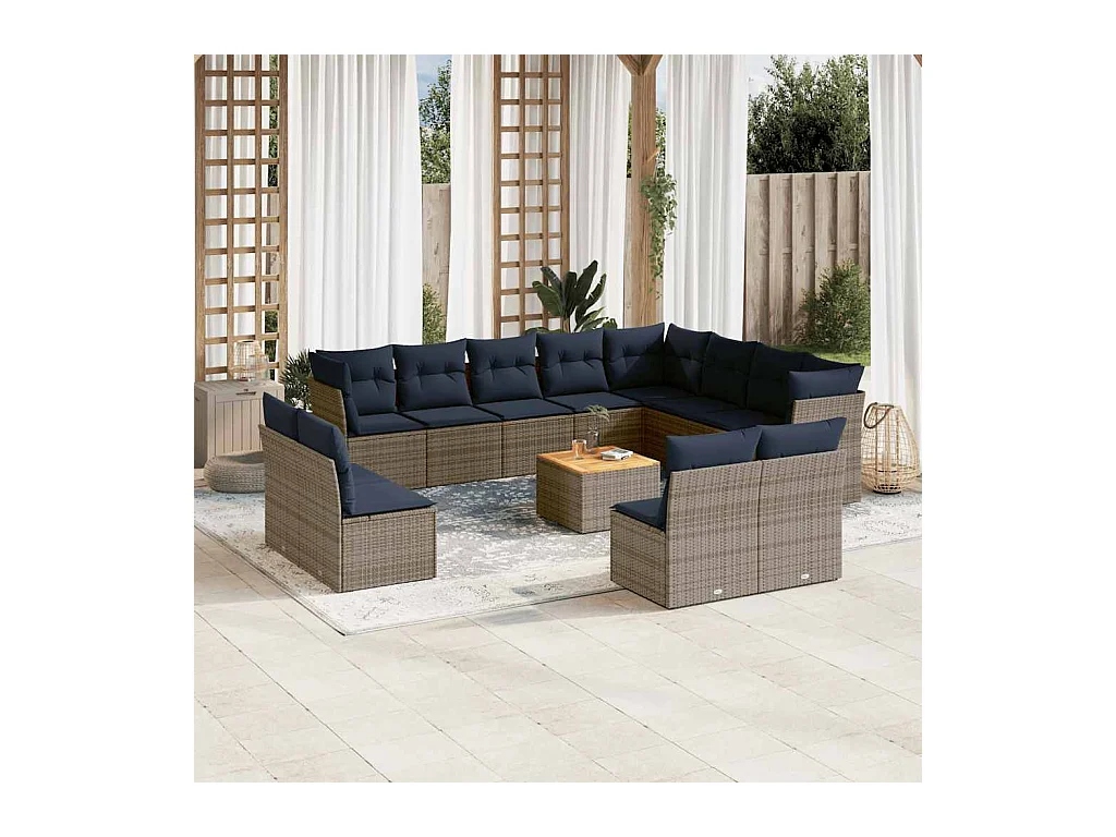 Salon de jardin avec coussins 13 pcs gris résine tressée