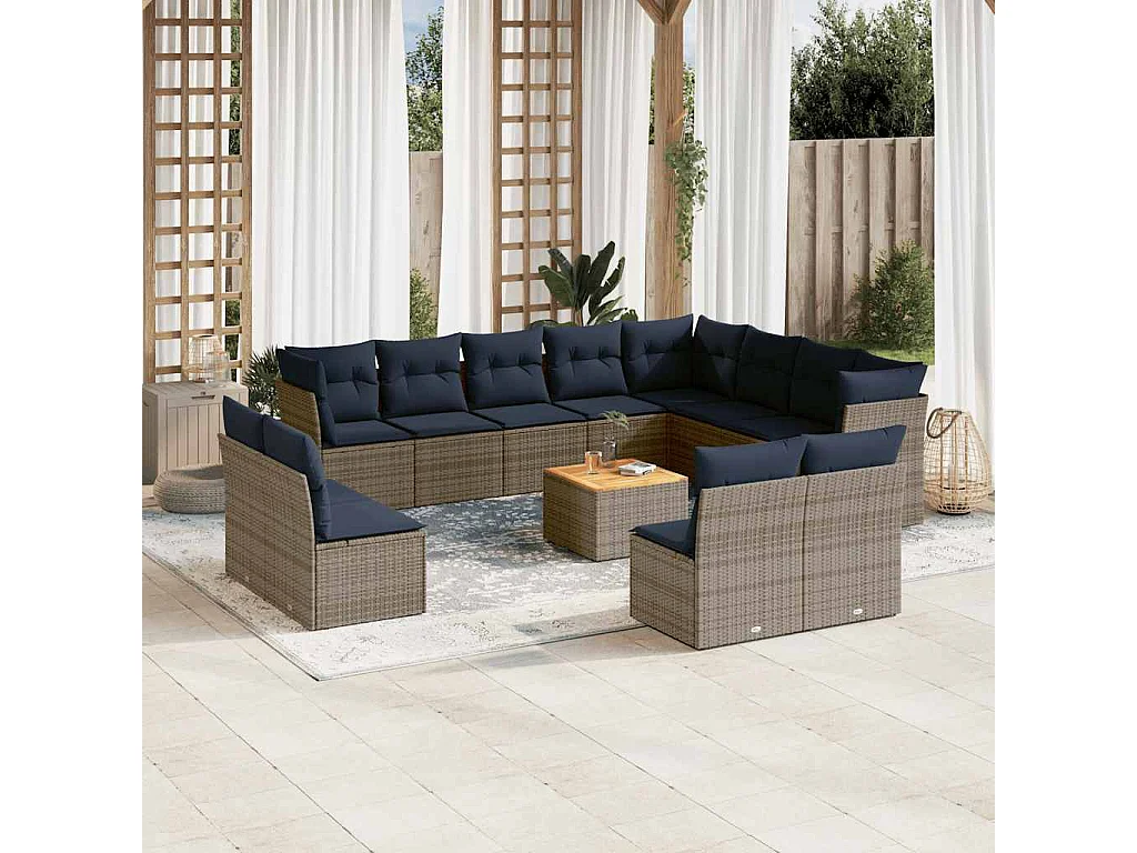 Salon de jardin avec coussins 13 pcs gris résine tressée