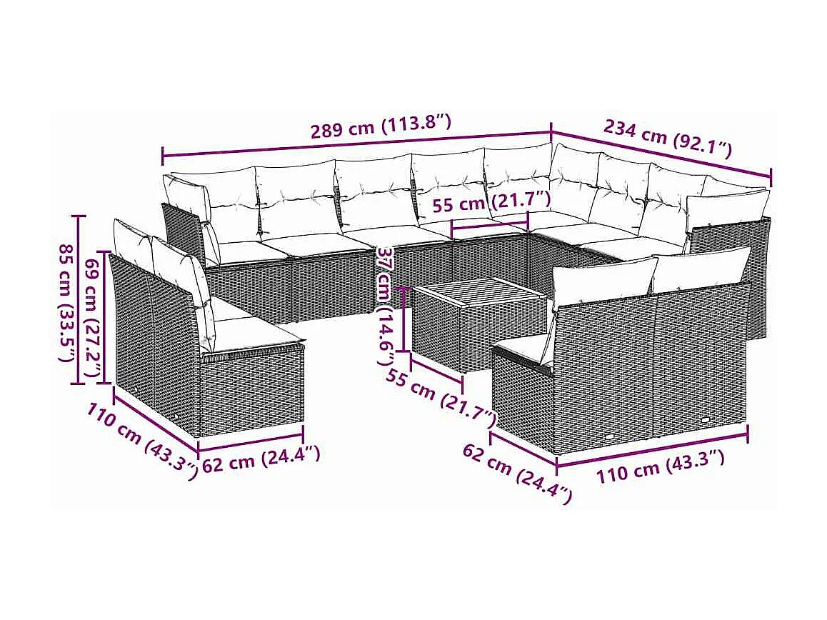 Salon de jardin avec coussins 13 pcs gris résine tressée