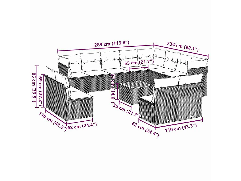 13-tlg. Garten-Sofagarnitur mit Kissen Grau Poly Rattan
