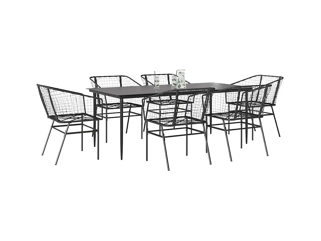 Ensemble à manger de jardin 7pcs noir poly rotin verre