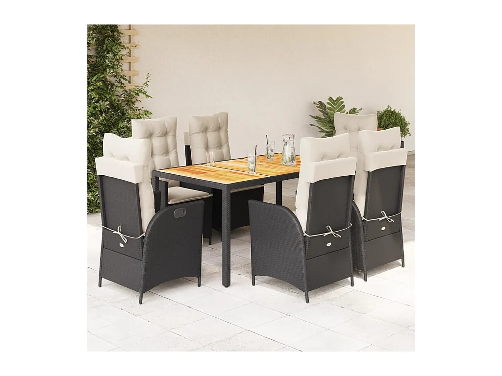 Set da Pranzo da Giardino 7 pz Nero con Cuscini in Polyrattan