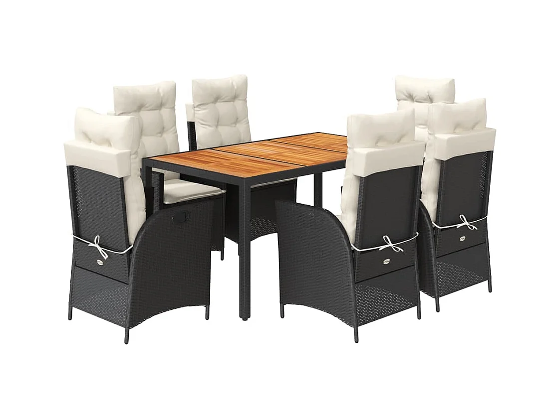 Set da Pranzo da Giardino 7 pz Nero con Cuscini in Polyrattan