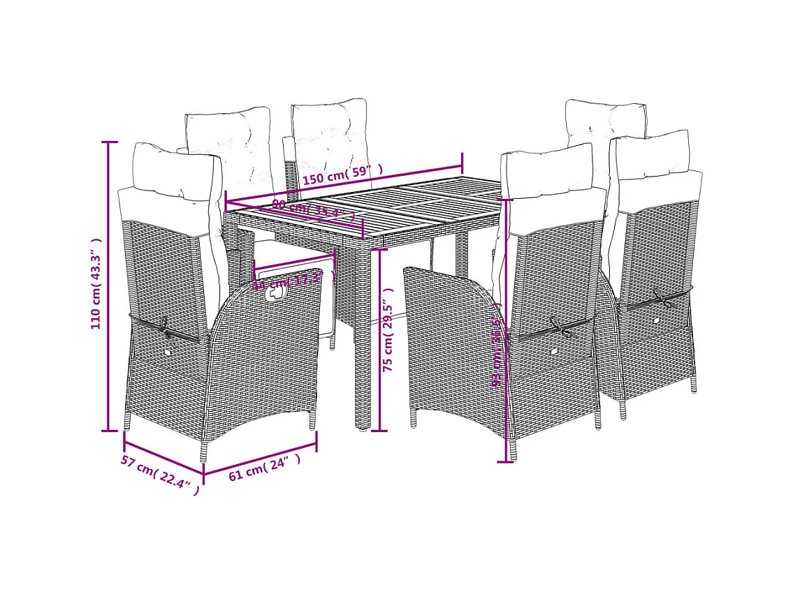 Set da Pranzo da Giardino 7 pz Nero con Cuscini in Polyrattan