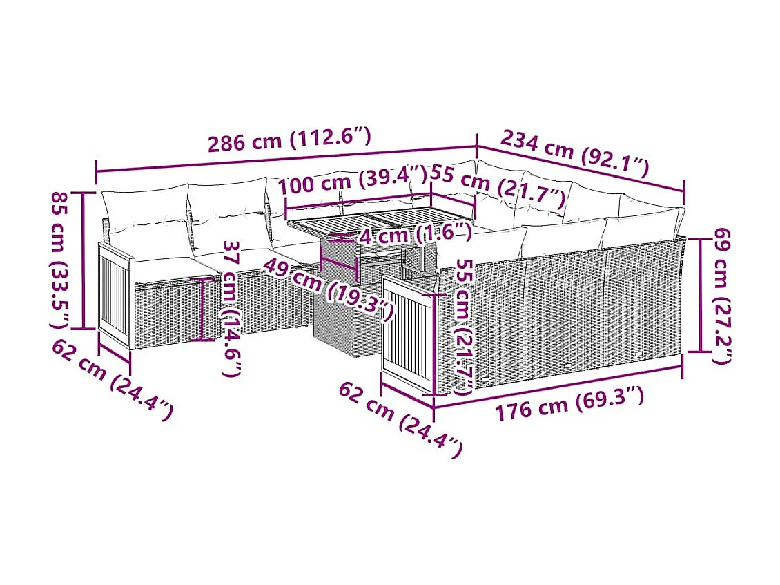 Ensemble de canapés de jardin 11 pcs et coussins rotin acacia