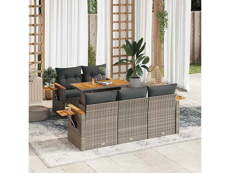 Salon de jardin avec coussins 6 pcs gris résine tressée acacia