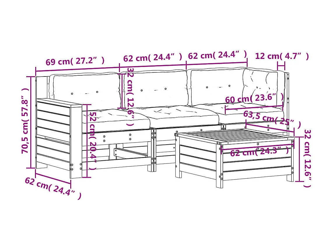 Salon de jardin 4 pcs avec coussins bois massif douglas