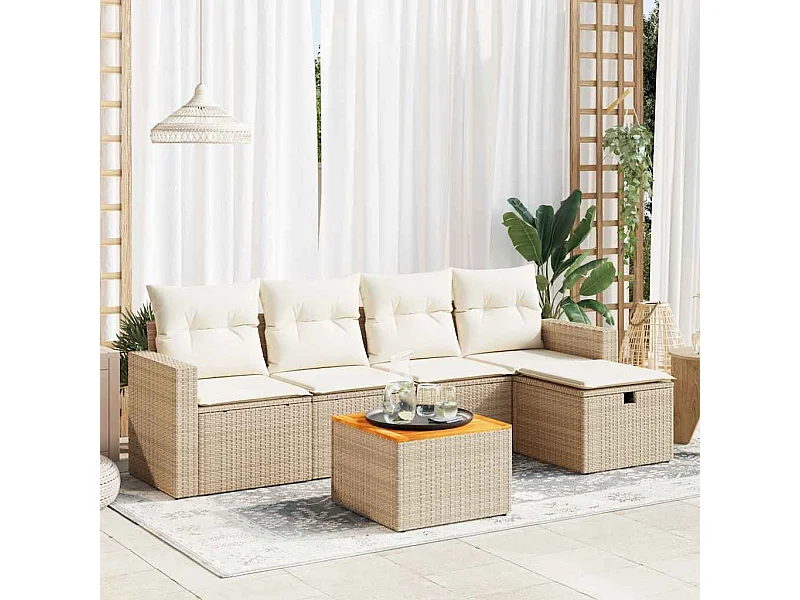 6-delige Loungeset met kussens poly rattan beige