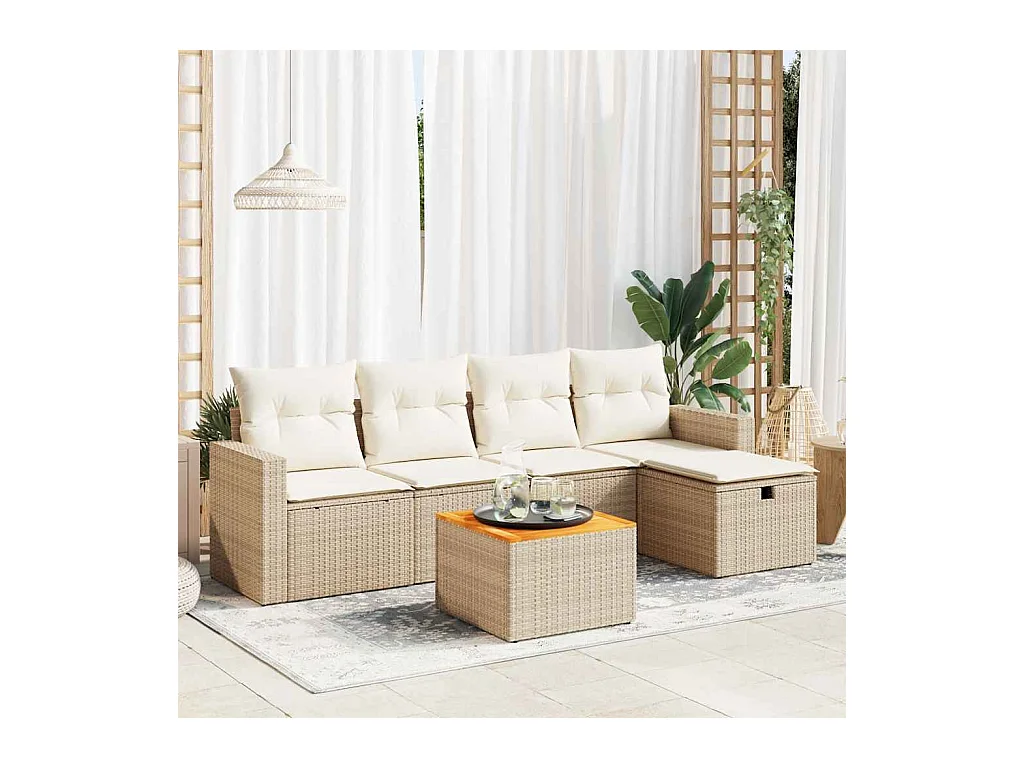 Set Divano da Giardino 6 pz con Cuscini Beige in Polyrattan