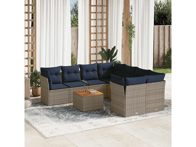 9-tlg. Garten-Sofagarnitur mit Kissen Grau Poly Rattan