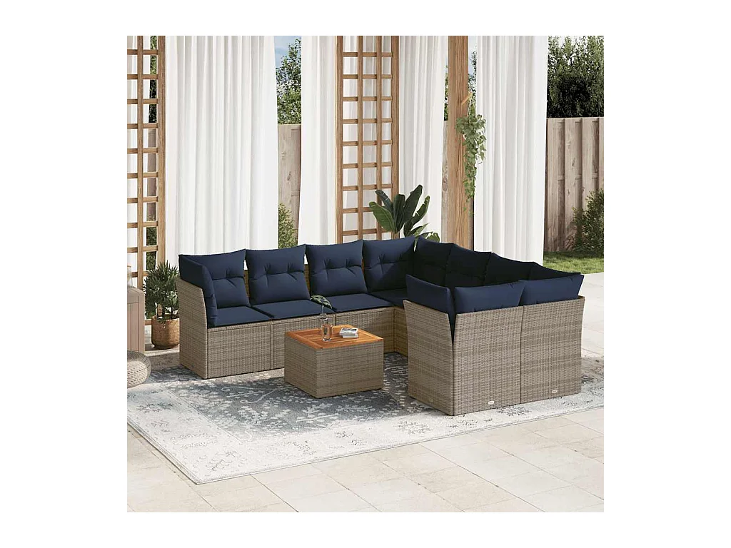 Salon de jardin 9 pcs avec coussins gris résine tressée