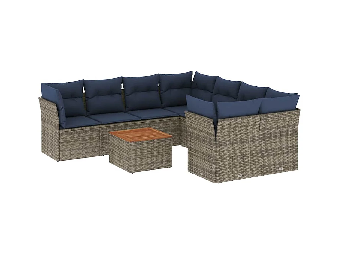 Salon de jardin 9 pcs avec coussins gris résine tressée