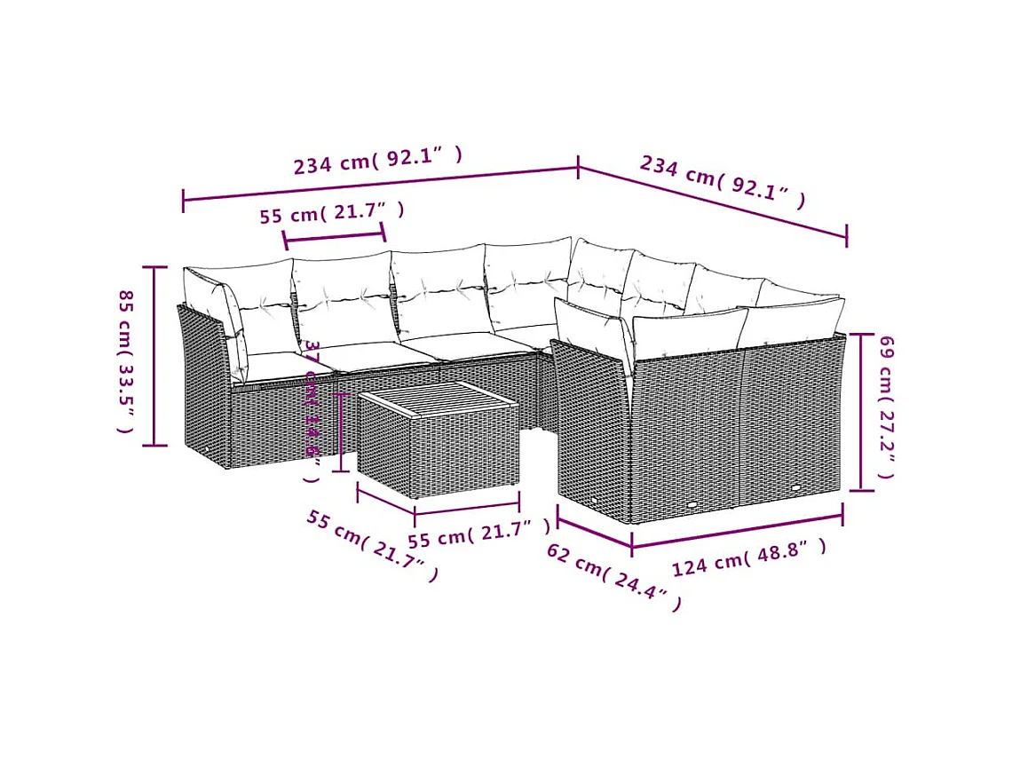 Salon de jardin 9 pcs avec coussins gris résine tressée