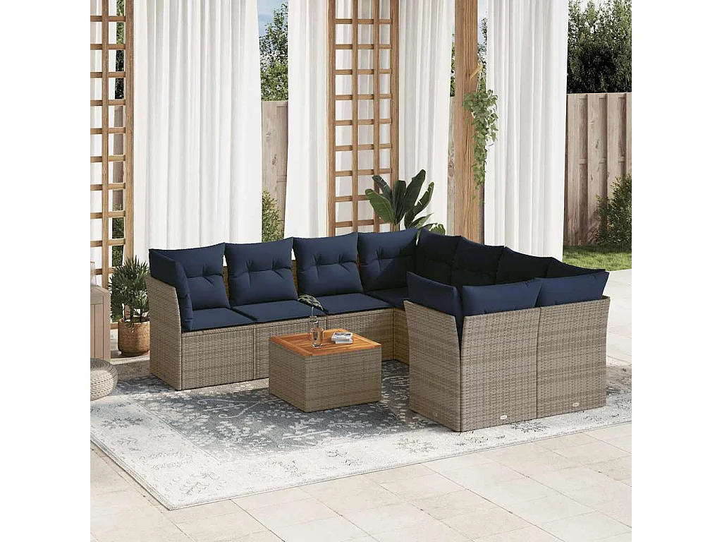 Salon de jardin 9 pcs avec coussins gris résine tressée