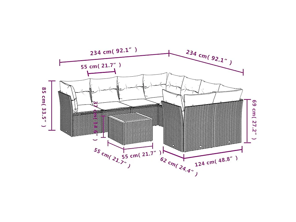 Set Divani da Giardino 9 pz con Cuscini Grigio in Polyrattan