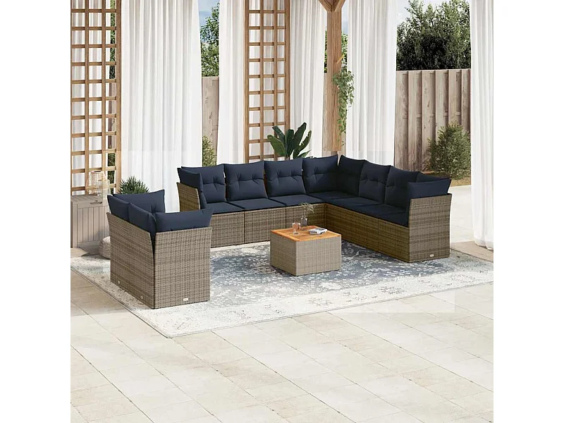 10 pcs conjunto sofás de jardim c/ almofadões vime PE cinzento