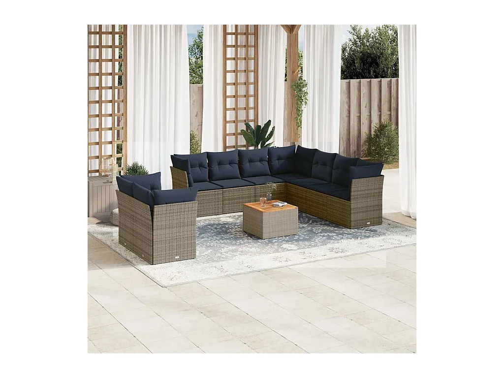 Salon de jardin 10 pcs avec coussins gris résine tressée