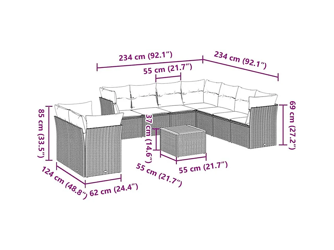 Salon de jardin 10 pcs avec coussins gris résine tressée
