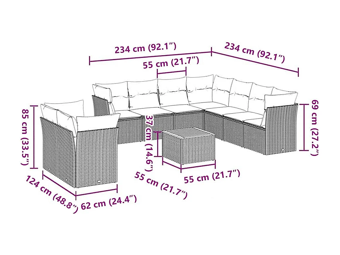 Salon de jardin 10 pcs avec coussins gris résine tressée