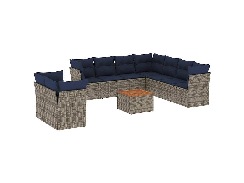 10 pcs conjunto sofás de jardim c/ almofadões vime PE cinzento