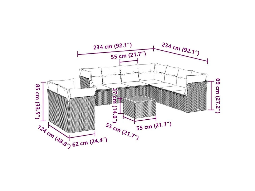 10 pcs conjunto sofás de jardim c/ almofadões vime PE cinzento
