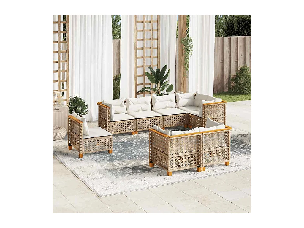 Salon de jardin avec coussins 8 pcs beige résine tressée