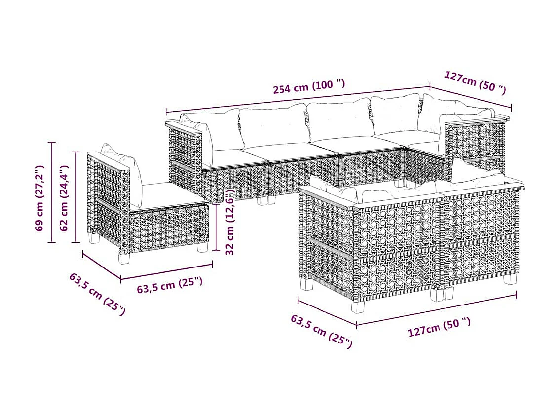 8-delige Loungeset met kussens poly rattan beige