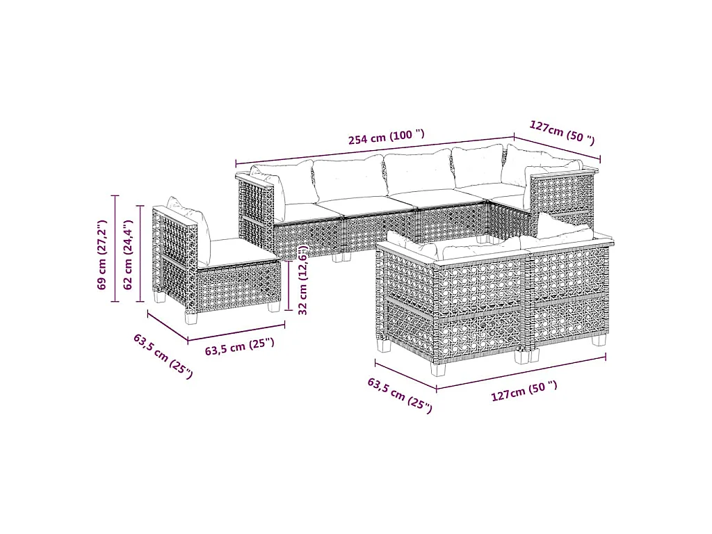 8-delige Loungeset met kussens poly rattan beige
