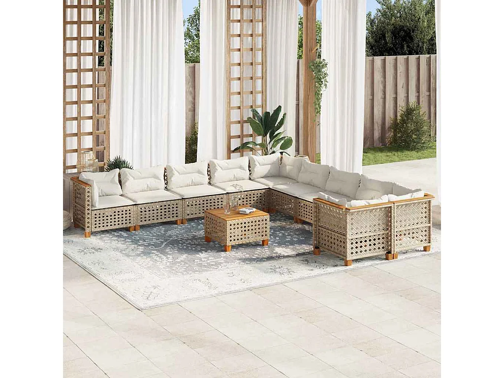 11-tlg. Garten-Sofagarnitur mit Kissen Beige Poly Rattan