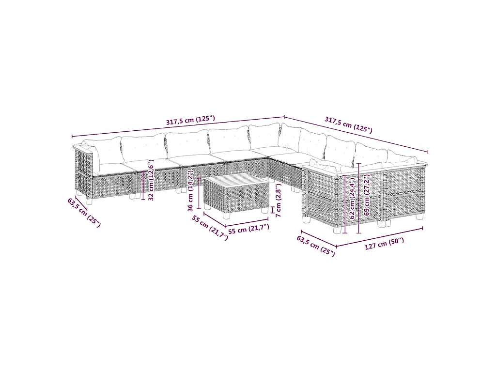 11-delige Tuinset met kussens poly rattan beige