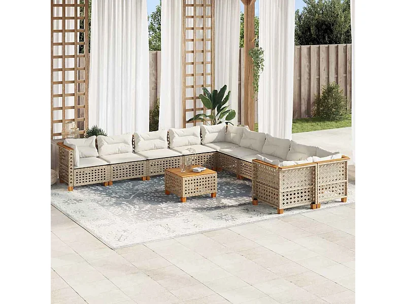 11-tlg. Garten-Sofagarnitur mit Kissen Beige Poly Rattan