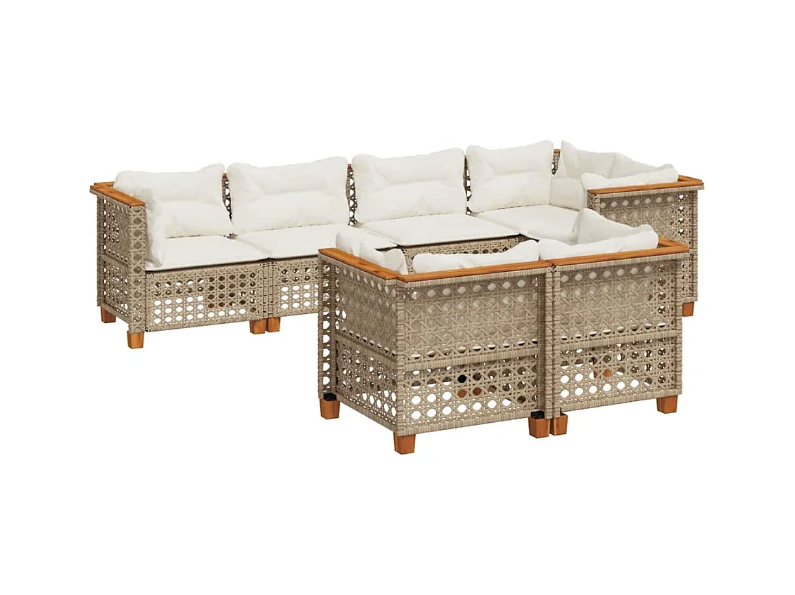 7-delige Loungeset met kussens poly rattan beige