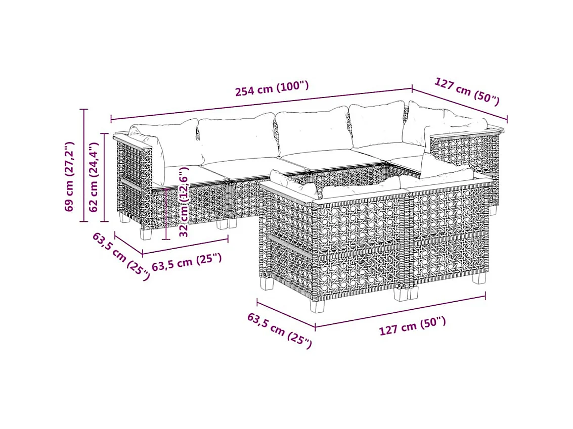 7-delige Loungeset met kussens poly rattan beige