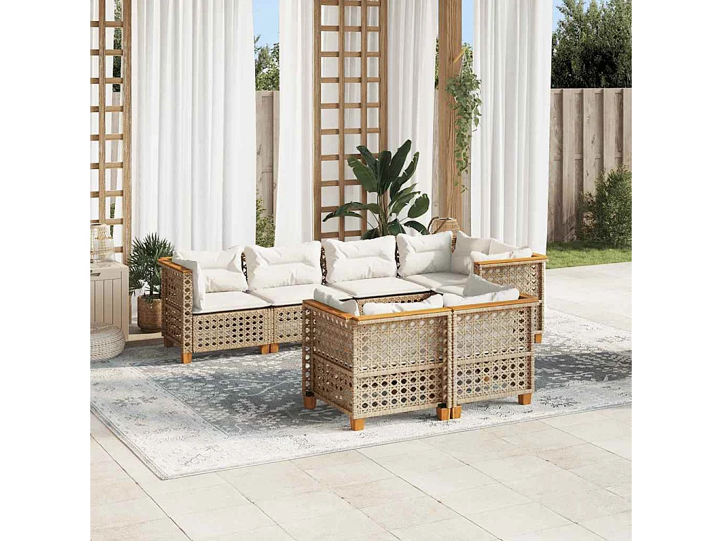 7-tlg. Garten-Sofagarnitur mit Kissen Beige Poly Rattan