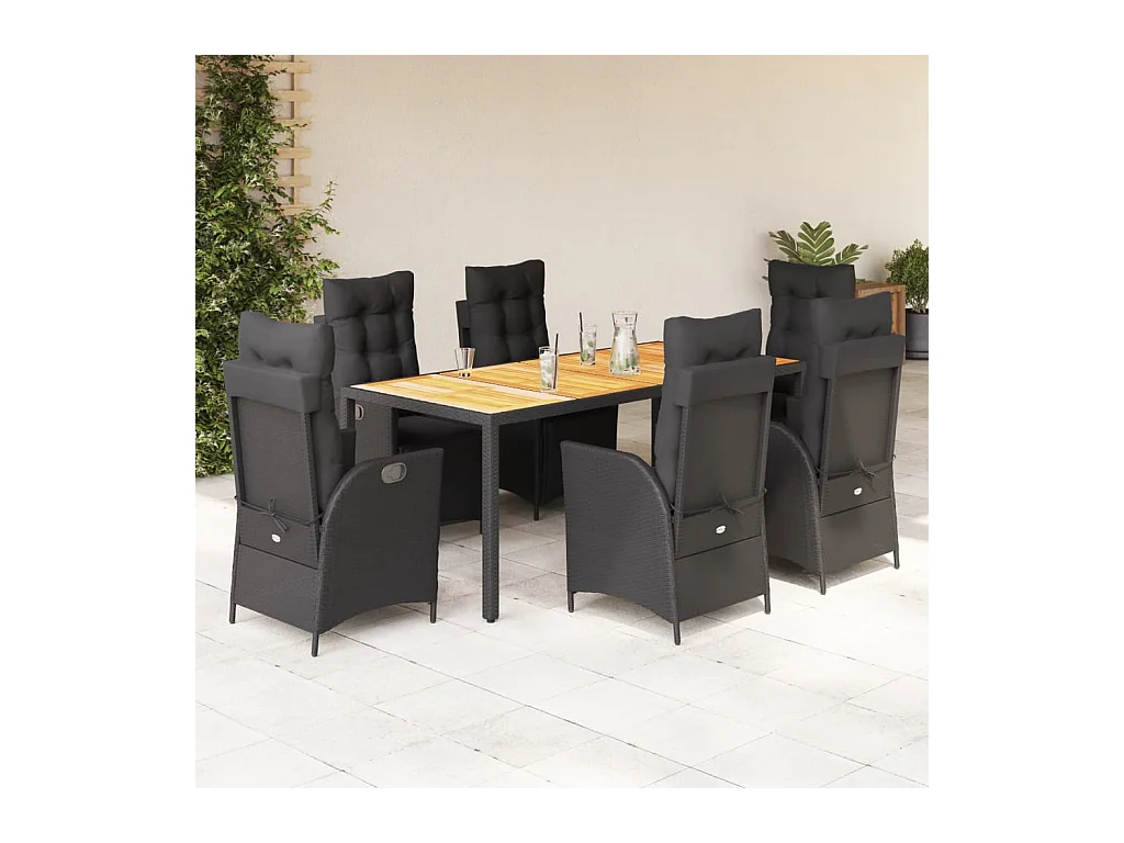 Set da Pranzo da Giardino 7 pz Nero con Cuscini in Polyrattan