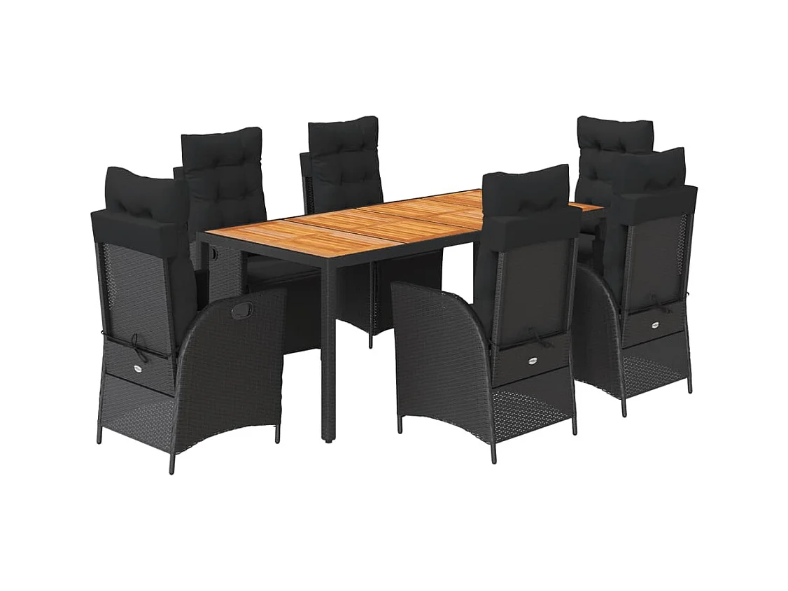 Set da Pranzo da Giardino 7 pz Nero con Cuscini in Polyrattan