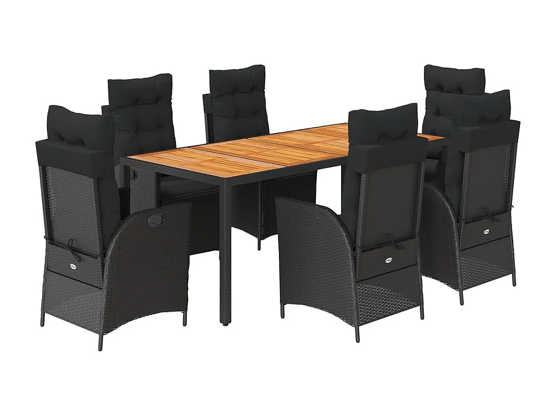 7-tlg. Garten-Essgruppe mit Kissen Schwarz Poly Rattan