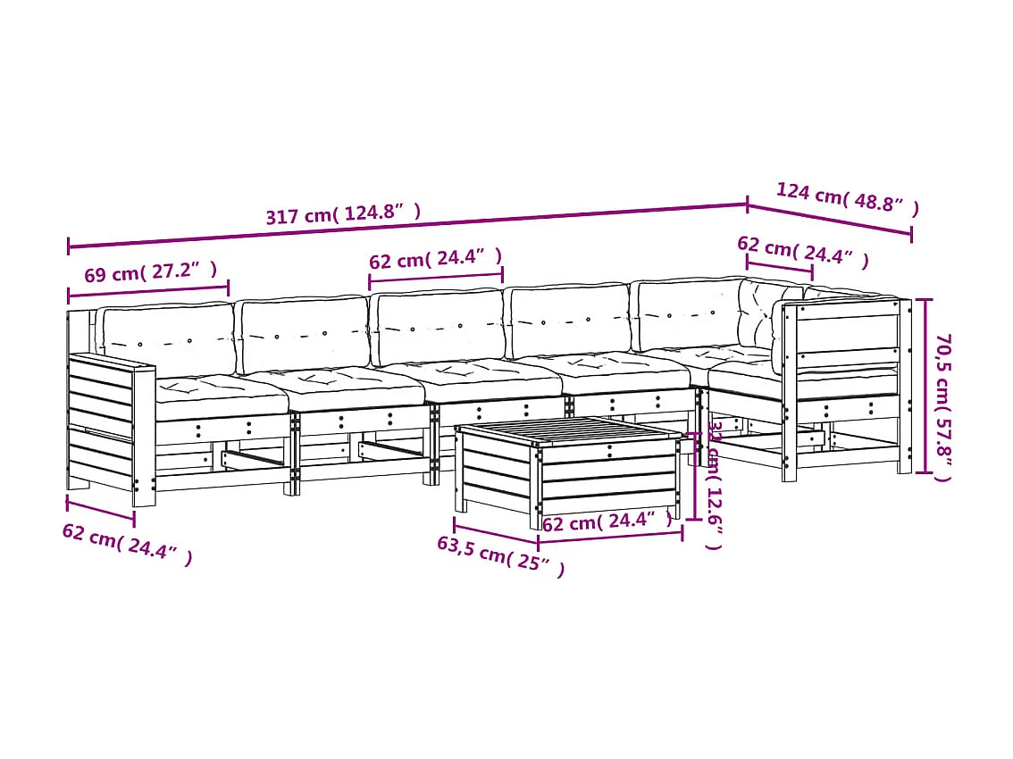Set Divani Giardino 7 pz con Cuscini Legno Massello di Douglas