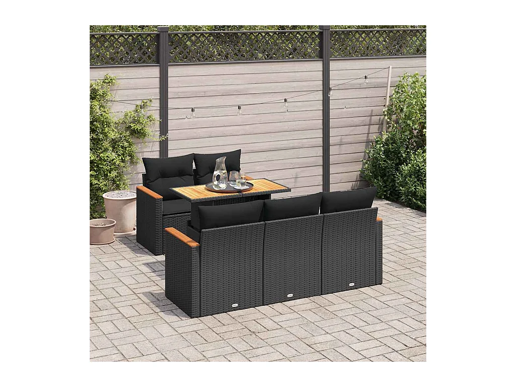 Salon de jardin 6 pcs avec coussins noir résine tressée acacia